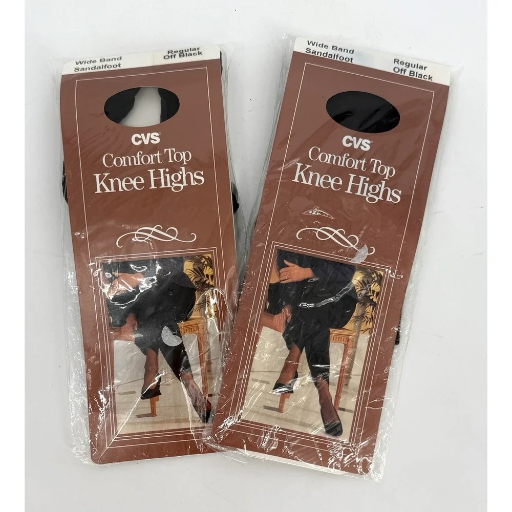 2 Pack CVS Vintage Comfort Top Knee Highs Regular Off Black Wide Band 888735 NOS